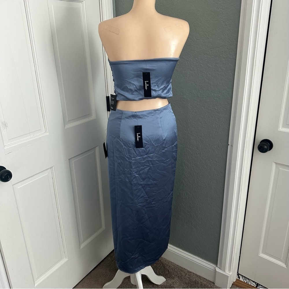 LULU’S DEMURE SWEETIE SATIN STRAPLESS TWO PIECE MIDI DRESS - Picture 10 of 13